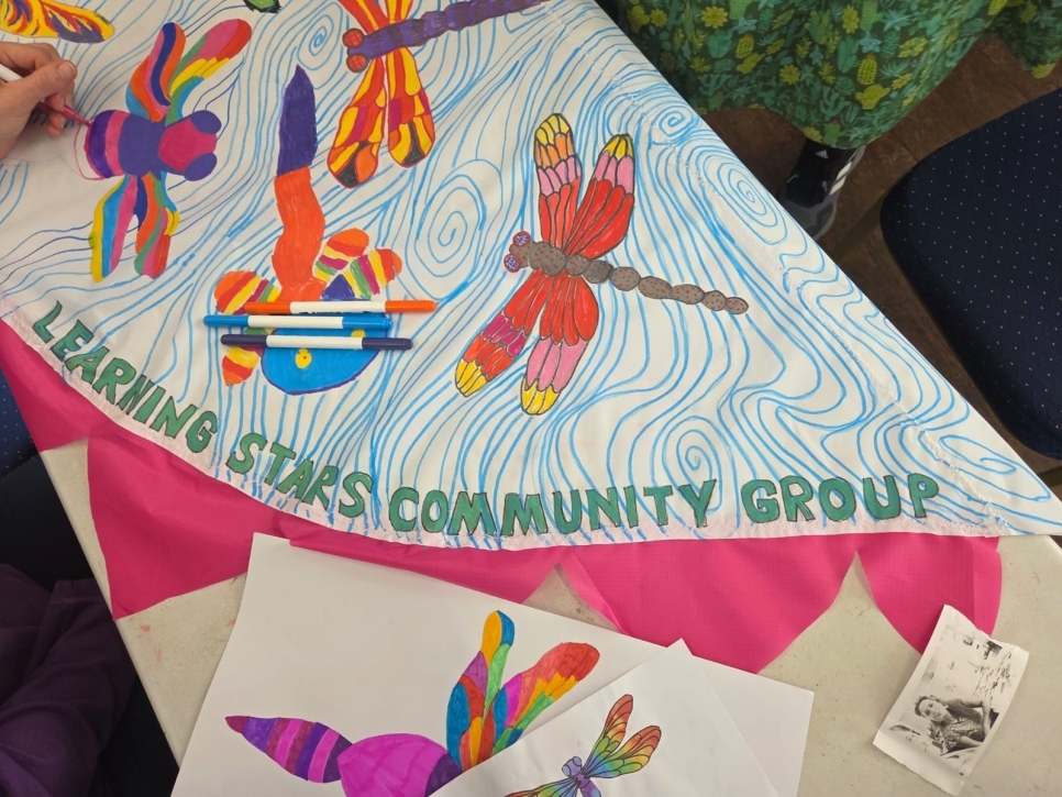 A photo of a coloured in flag which has dragonflies and 'Learning Stars Community Group' written on it